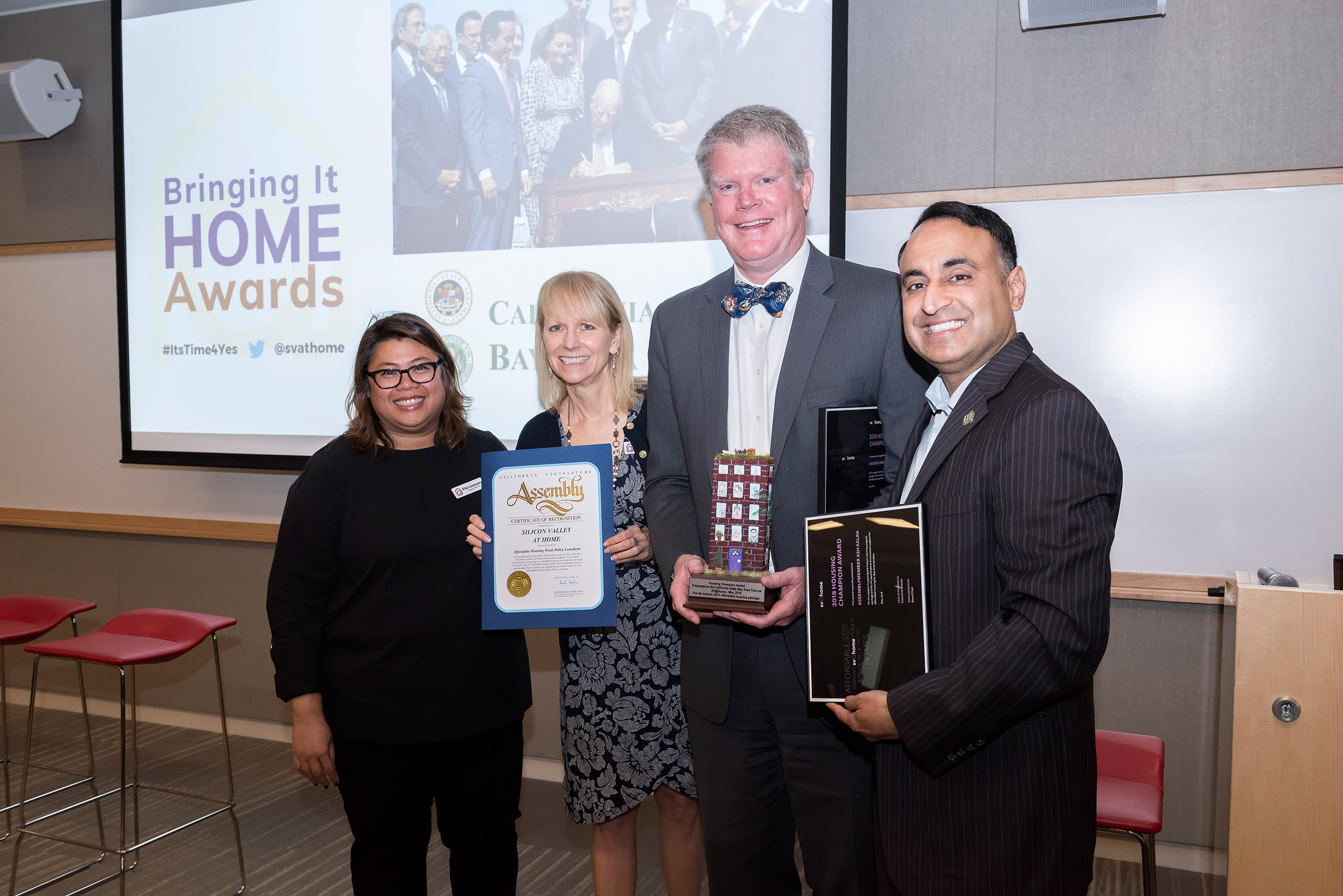 Bay Area legislative caucus members California State Assemblymembers Ash Kalra and Mark Stone accept SV@Home's Bringing It Home Awards at close of Affordable Housing Week 2018.