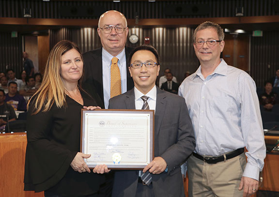 (L to r:) Destination: Home CEO Jennifer Loving, Santa Clara County Board of Supervisors President Joe Simitian, Santa Clara County Office of Supportive Housing Director Ky Le, and Silicon Valley at Home Policy Manager Mathew Reed.