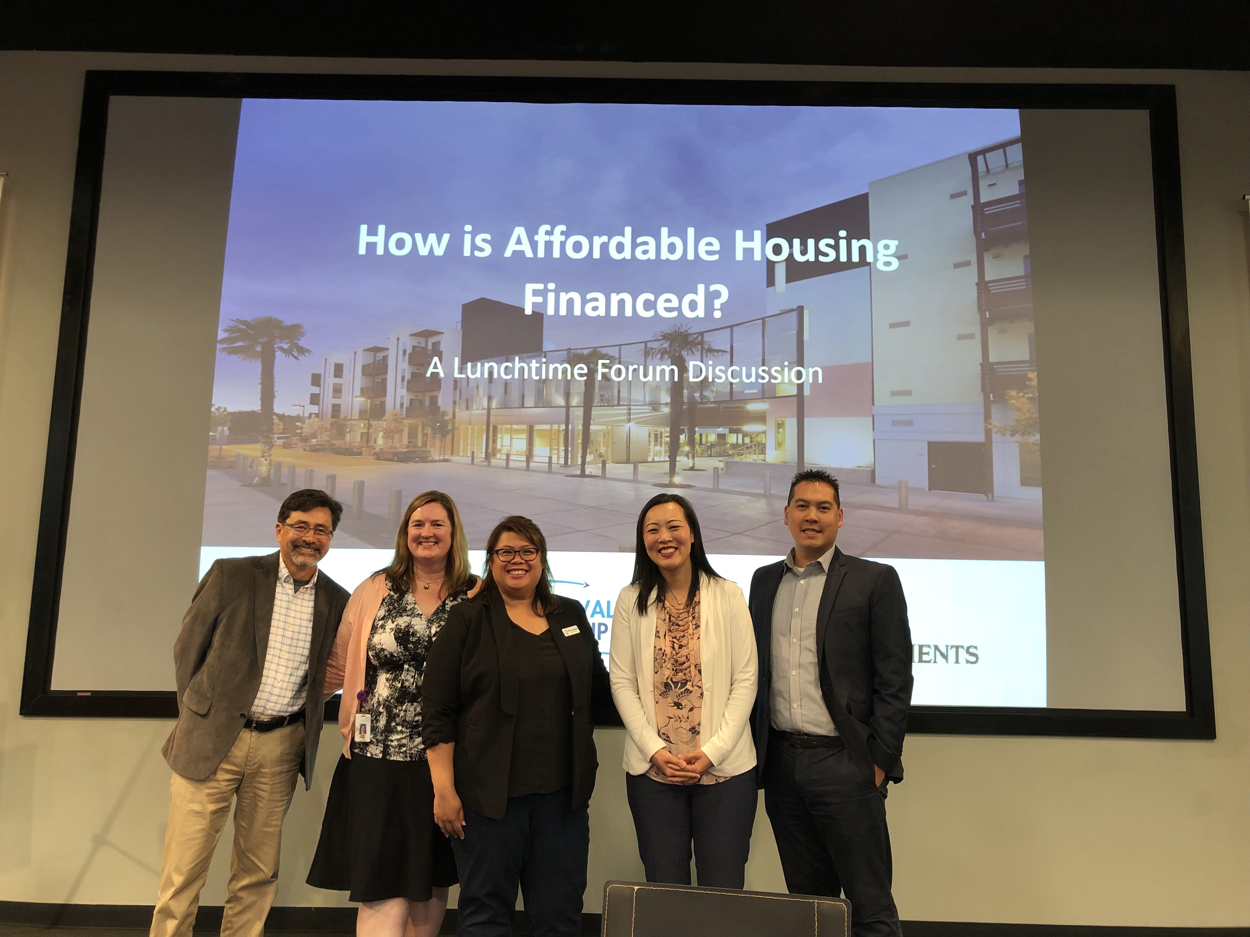 L to R: Eden Housing Senior VP of Real Estate Andy Madeira, SJ Housing Policy Division Manager Kristin Clements, SV@Home's Pilar Lorenzana, SV Bank's Fiona Hsu, and SVLG's Nathathan Ho