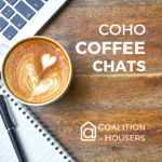 Flyer for CoHo Coffee Chats program. Design shows laptop, notebook, pen, and latte.