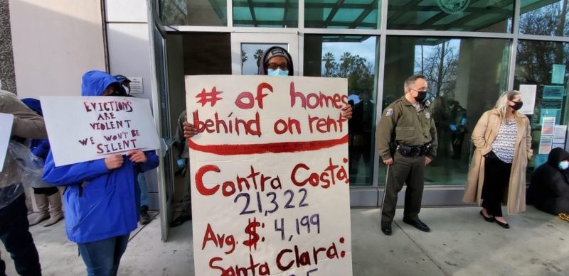 Derrick Sanderlin, an organizer with Sacred Heart Community Service, joined tenants protesting evictions at the Santa Clara County Superior Court in early 2021. File photo.