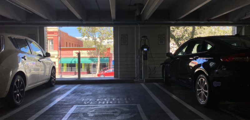 A charging station at a city-owned parking garage in Downtown San Jose. Photo by Jana Kadah.