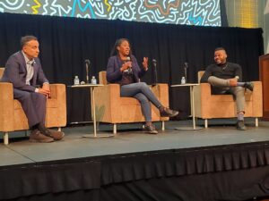 Executive Director Regina Celestin Williams moderates a keynote conversation with Assemblyman Ash Kalra, left, and former Stockton mayor Michael Tubbs, right, entitled "Understanding Race, Politics and a Quest to Be Epic."