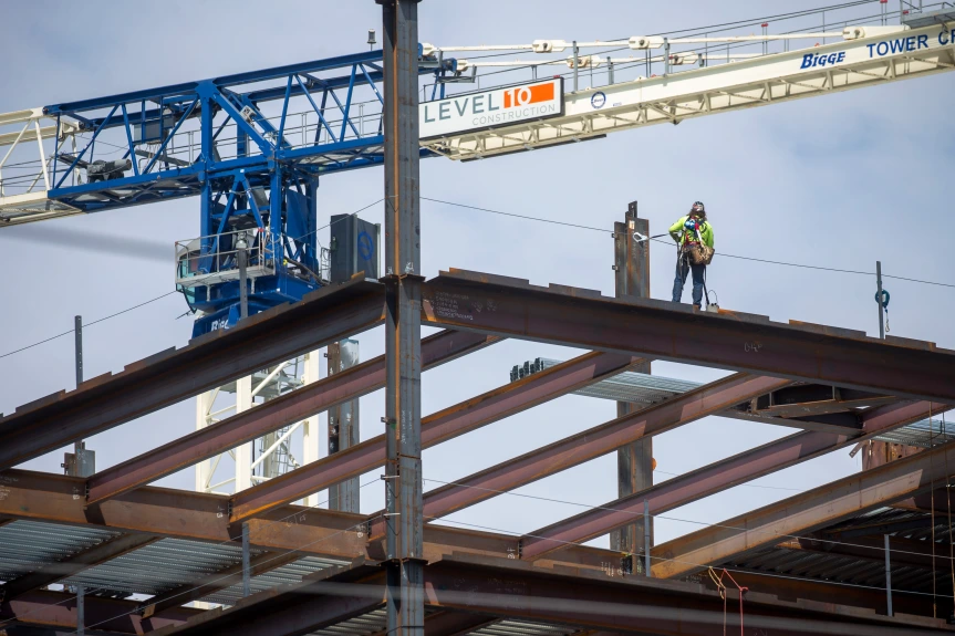 SAN JOSE, Calif. – Sept. 9: An ironworker takes in the view of the 200 Park Ave. construction project, a 19-story high-rise going up near the Tech Museum of Innovation in downtown San Jose, Calif., Thursday, Sept. 9, 2021. (Karl Mondon/Bay Area News Group)